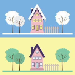 Naklejka premium Snowy House Or Residence And Environment With Trees