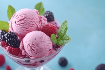 Close-up of pink ice cream in glass dish with fresh berries and mint garnish