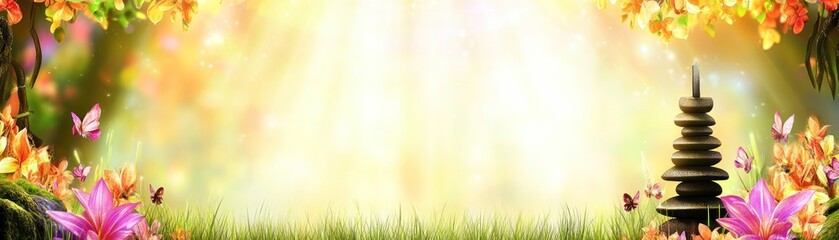 Obraz premium A serene landscape with soft light, flowers, butterflies, and a stone sculpture.