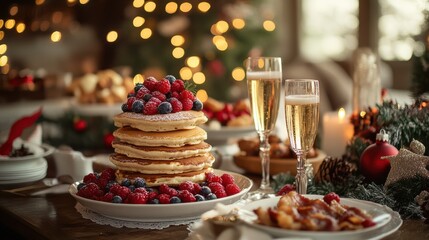 A cozy scene featuring a table set for Christmas brunch, with fluffy pancakes topped with berries, a platter of bacon and eggs, and mimosas in sparkling flutes.