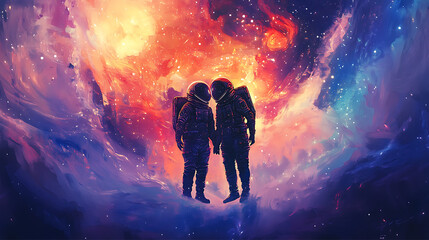 Fototapeta premium couple of astronauts in futuristic suits, gazing at each other lovingly as they float in the vastness of space, with a cosmic backdrop of swirling stars and nebulae
