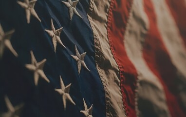 Fototapeta premium A close-up, flat lay image of the American flag on a blue background, featuring a large central space for content or text. 