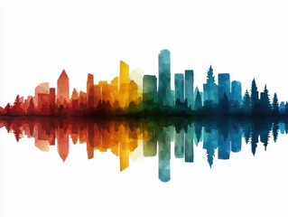 Fototapeta premium Economic Growth and Climate Change concept. A vibrant watercolor skyline reflection showcasing a blend of colorful buildings against a serene backdrop.
