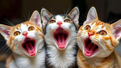 Cats, Wide Open mouth, eyes, Surprised, Amazed, Incredulous, Astonished, Shocked. CAN NOT BELIEVE OUR EYES! 3 little cats with wide open mouth. 2 felines with yellow eyes and one with red orange eye.