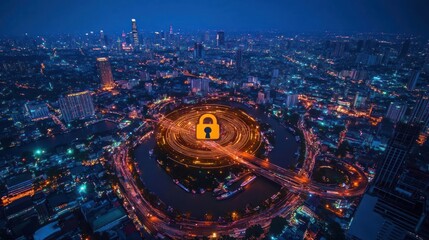 Aerial view of a cityscape at night with a lock symbol, representing security and connectivity.