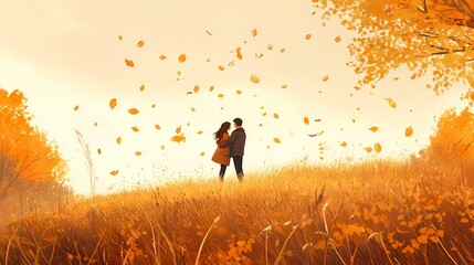 Fototapeta premium A romantic scene of a couple embracing on a grassy hill during autumn, golden leaves swirling around them, creating a warm, nostalgic feel
