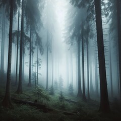 Obraz premium Foggy Forest A misty forest scene viewed from a car window with