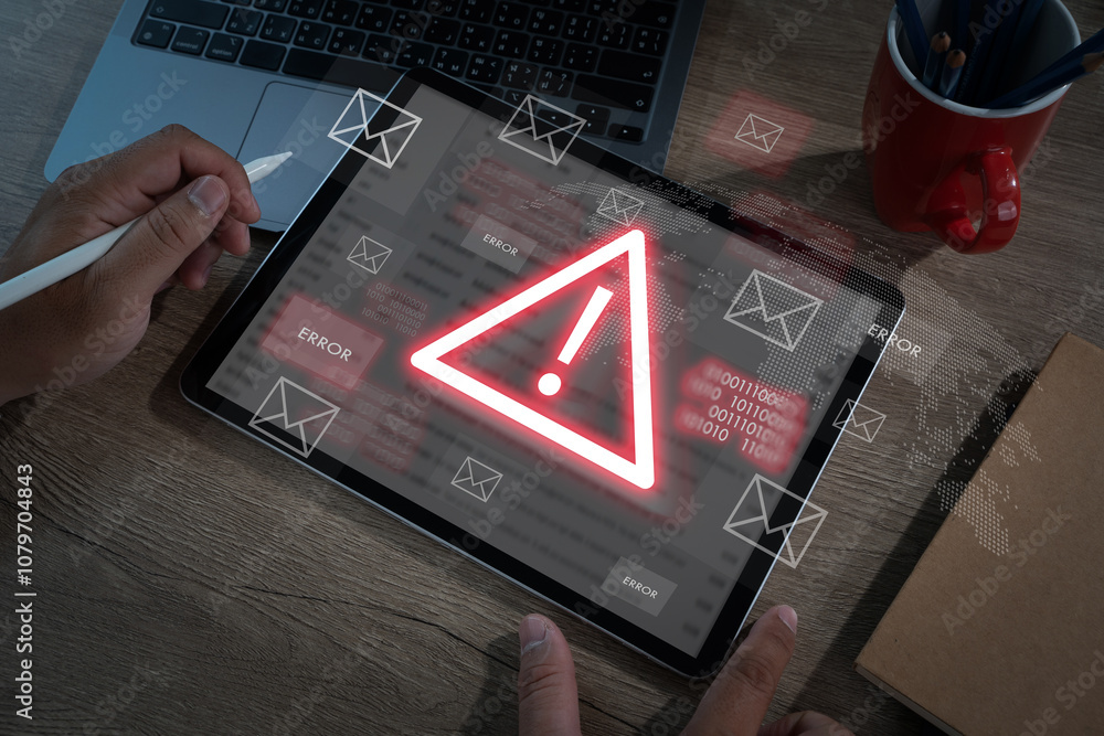 Poster email security warning notification cybersecurity mail spam virus on message alert
