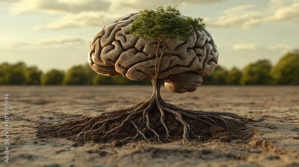 Aufkleber surreal illustration of a tree growing from a human brain symbolizing connection between nature and 