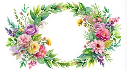 Obraz premium Watercolor Floral Wreath with Delicate Blooms and Lush Greenery for Invitation or Greeting Card Design