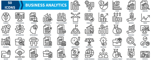 Business Analytics icon collection set. Containing insight, data, report, analysis, statistic, strategy, performance, efficiency, evaluation, trending icon. Simple black outline vector.