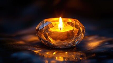 Burning Candle in a Crystal Holder