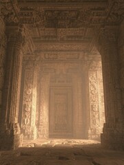 Obraz premium A dimly lit ancient temple interior with intricately carved stone pillars and walls.