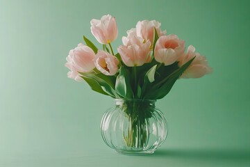 Obraz premium Big flowers bouquet of pink tulips in vintage glass vase on green background. Copy space. with generative ai