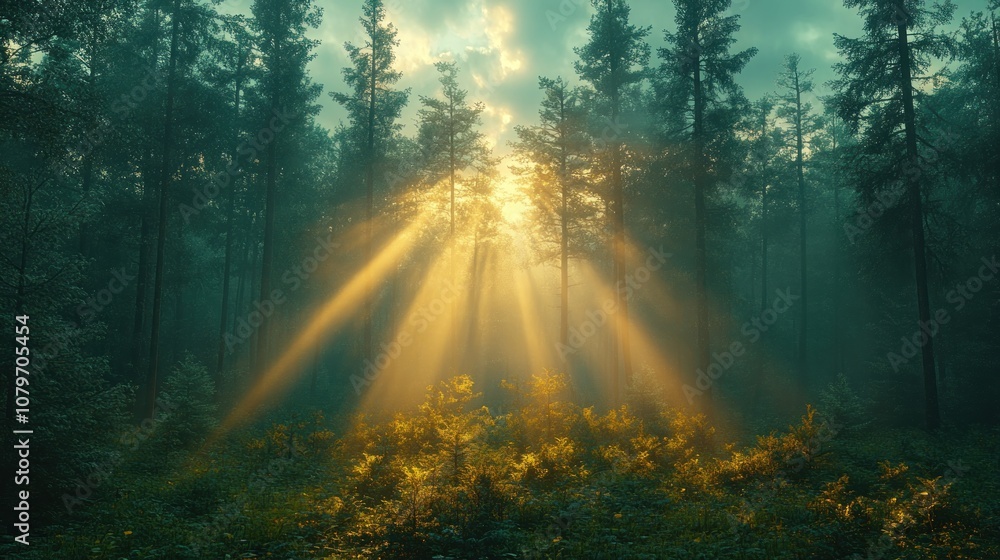 Aufkleber sunlight filters through trees in a serene forest setting.