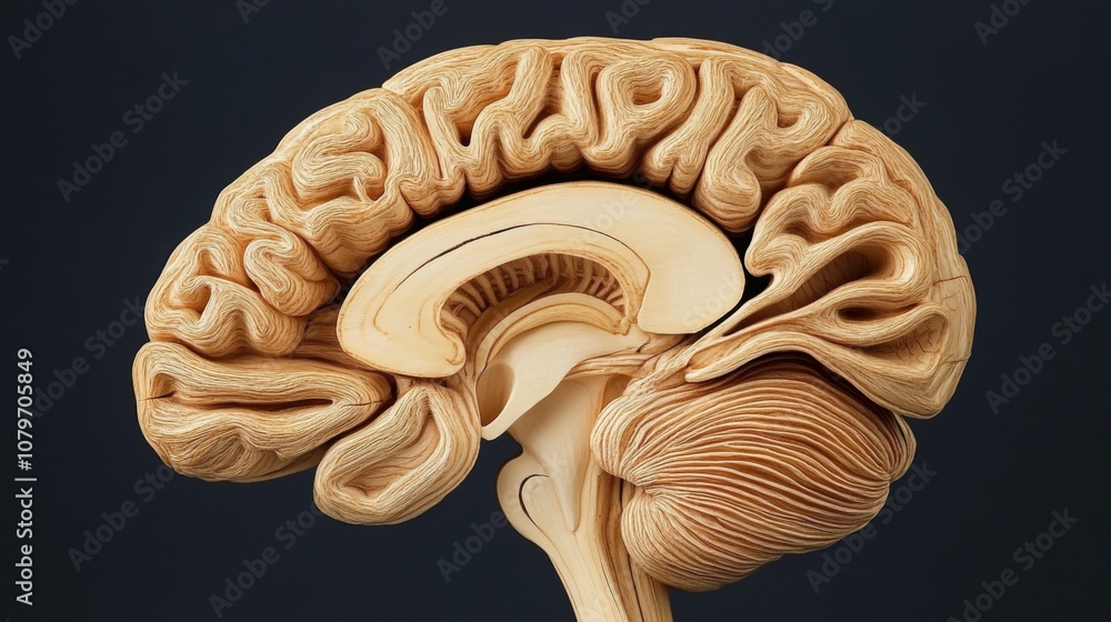 Poster Intricate Wooden Brain Structure with Detailed Grooves Showcasing the Complexity of Human Cognitive Functionality and Neural Pathways in a Unique Art Form