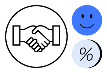 Handshake symbol in the center circle represents agreement. happy face and percentage icons on the side suggest satisfaction and financial terms. Ideal for business deals, partnerships, financial