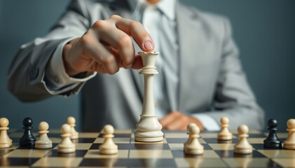 businessman hand on chess king. Marketing planning and strategy Like a winner and a success. Copy space.