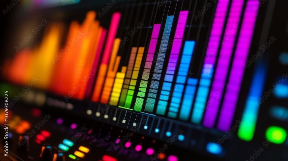 Poster vibrant and colorful equalizer display with varying heights and bright hues showcasing audio frequen