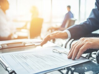 A business meeting scene with documents and a hand on a table, suggesting discussion or negotiation.