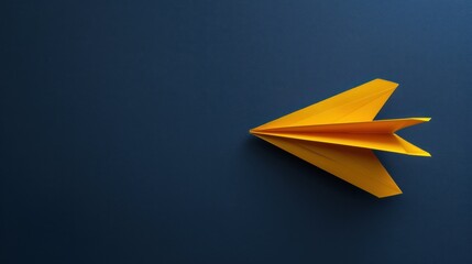 Yellow paper plane with dark blue background and copy space, AI generated image