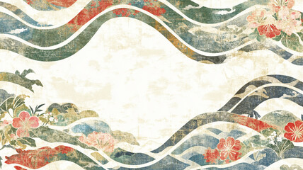 beautiful Japanese style background with floral patterns and waves