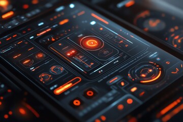 Obraz premium Close-up of a futuristic user interface with glowing orange and black elements, displaying data and controls.