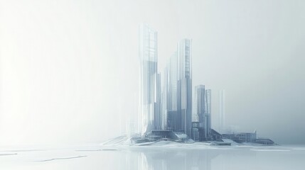 Obraz premium A modern abstract cityscape featuring translucent skyscrapers and a misty atmosphere.