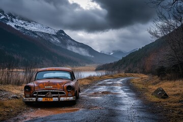 Rusty car abandoned on a road leading to snow-capped mountains.