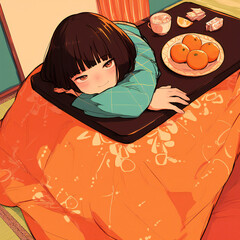 こたつで寛ぐ女の子とこたつのみかん