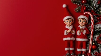 Two festive dolls in red outfits with Christmas decorations.