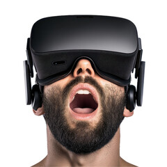 Excited man experiencing virtual reality. transparent background