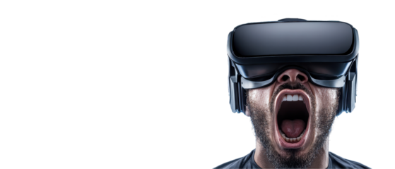 Excited person experiencing virtual reality. transparent background