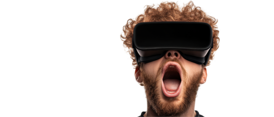 Excited young man using virtual reality headset. transparent background