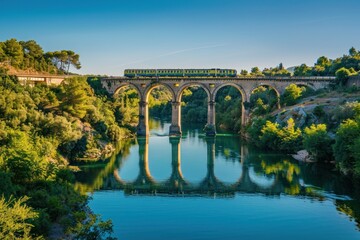 Naklejka premium A railway bridge spanning over a river, surrounded by lush trees, creating a scenic and tranquil landscape where nature meets industrial engineering in harmony.