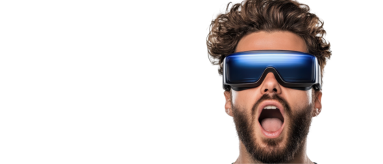 Excited young man with futuristic VR glasses. transparent background