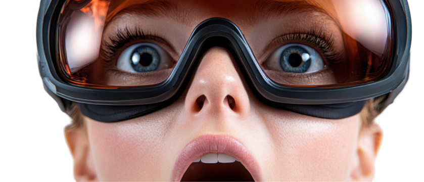 Excited woman in ski goggles, ready for adventure. transparent background