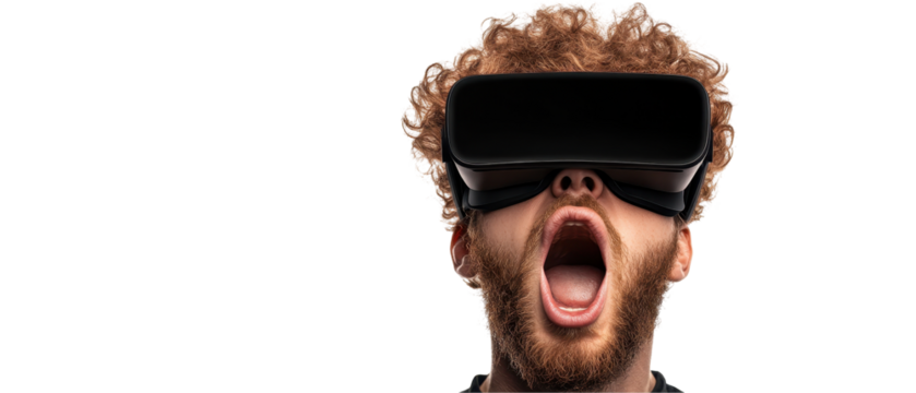 Excited young man using virtual reality headset. transparent background - Powered by Adobe
