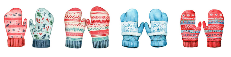 A collection of vibrant colorful watercolor showcasing a variety of knitted mittens in a winter wonderland setting  The mittens feature traditional Nordic and Scandinavian patterns and designs