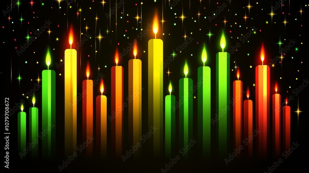 Poster vibrant colorful candles with luminous flames surrounded by sparkling stars in a dark background for