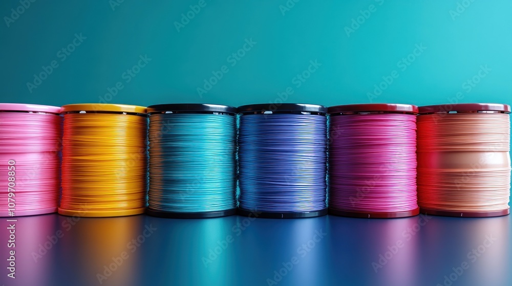 Poster colorful spools of thread arranged in a row on a gradient background.