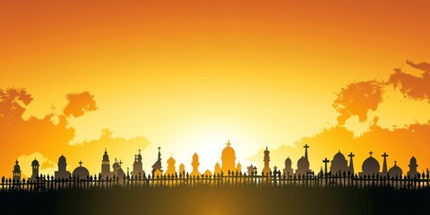 Silhouette of a cemetery against a sunset, featuring various tombstones and crosses.