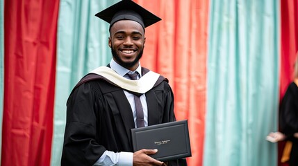 A proud graduate holding their diploma in front of a university or graduation ceremony backdrop