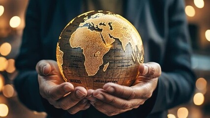Global Connection: Close-up of hands gently holding a golden globe, symbolizing interconnectedness, unity, and a shared future.