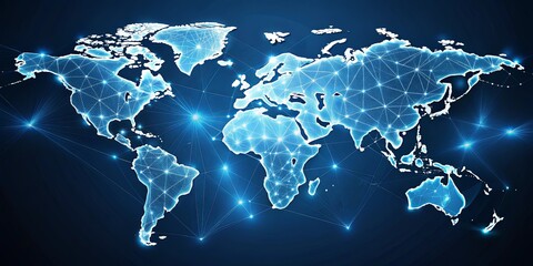 Fototapeta premium Abstract Polygonal World Map with Interconnected Nodes and Bright Glowing Lines, Representing Global Network, Connectivity and Communication