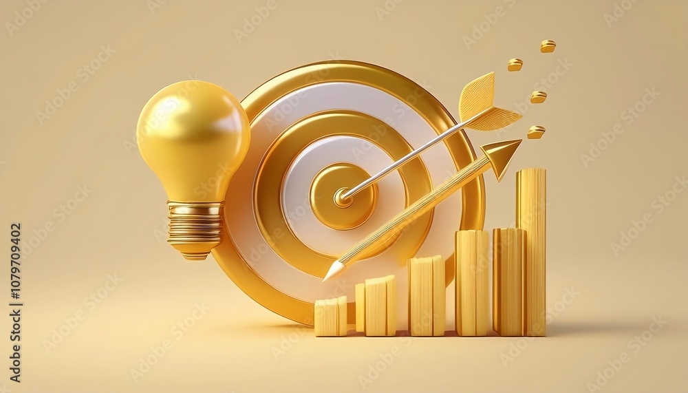 Poster a visually appealing representation of a gold target with a light bulb and arrows, symbolizing succe