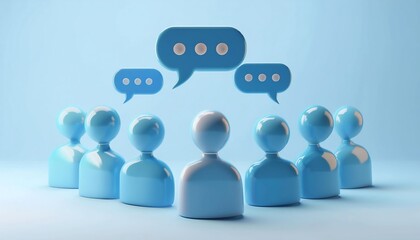 A group of blue figurines represents communication, with speech bubbles illustrating dialogue and interaction among them against a light blue background.