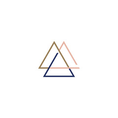A minimalist logo design featuring three overlapping triangles in different colors: navy blue, gold, and pink