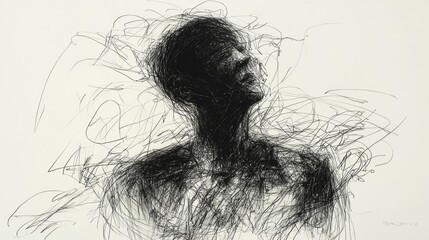 Fototapeta premium A rough, black ballpoint pen sketch with minimal detail, depicting a figure concentrating intensely, projecting a faint phantom image in front of them