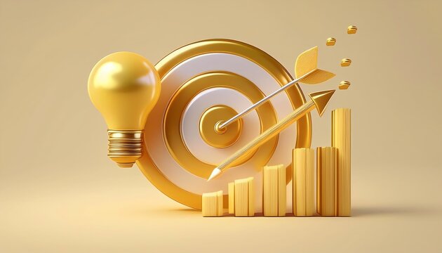 A visually appealing representation of a gold target with a light bulb and arrows, symbolizing success, innovation, and growth.